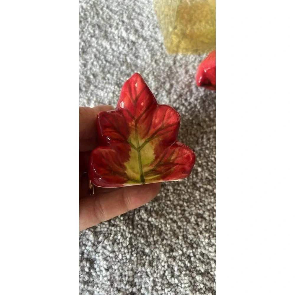 Red Autumn Leaf Ceramic Salt and Pepper Shaker Set Fall Harvest Decor Glossy